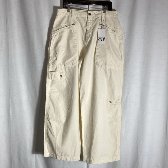 Zara The Relaxed Utility Pants In ECRU Signature Denium Cargo Size 14 - Picture 3 of 15